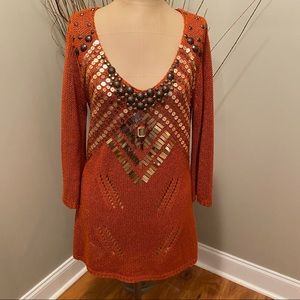 BCBGMAXAZRIA Orange Studded Embellished Tunic